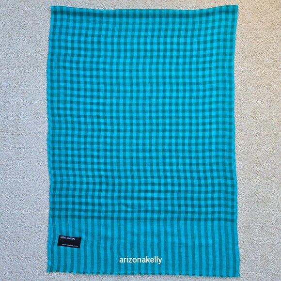 NWOT Meg Cohen Wool Scarf Lightweight Buffalo Plaid Check Teal Blue-Green - Picture 7 of 8